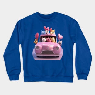 Happy cats in a pink car driving to valentines cat parade. Crewneck Sweatshirt